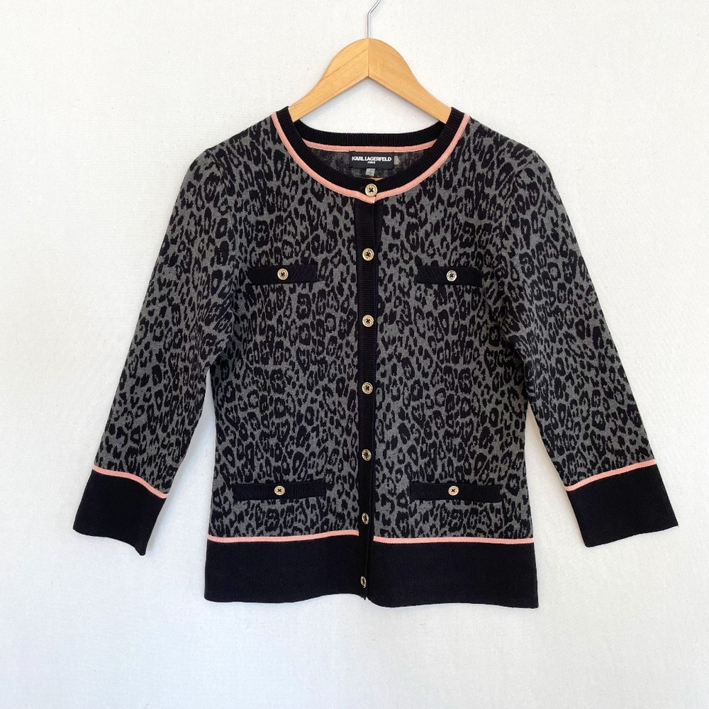 KARL LAGERFELD Women's Small Gray & Black Leopard Print Button Cardigan Sweater